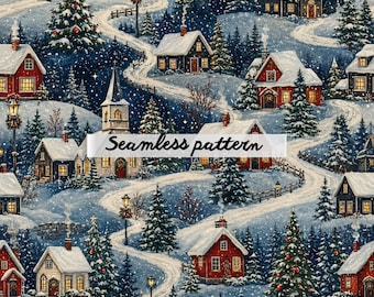 Winter Village Seamless Pattern JPG | Cozy Christmas Cottage Snow Scene Repeat | Scandinavian Holiday Fabric Design