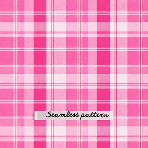 Pode incluir: Um padrão sem costuras com um design xadrez em vários tons de rosa e branco. A grelha consiste em linhas horizontais e verticais que se cruzam com diferentes larguras e intensidades. O texto "Seamless pattern" está impresso a preto.