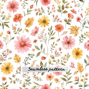 Pode incluir: Um padrão contínuo com ilustrações em aguarela de flores cor-de-rosa e amarelas, folhas verdes e folhagem de outono dourada sobre um fundo branco. O texto "Seamless pattern" está impresso a preto no centro da imagem.
