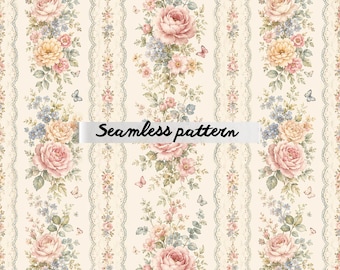 Vintage Rose Lace Stripe Seamless Pattern, Romantic Floral Cottagecore Wallpaper Print, Shabby Chic Fabric JPG