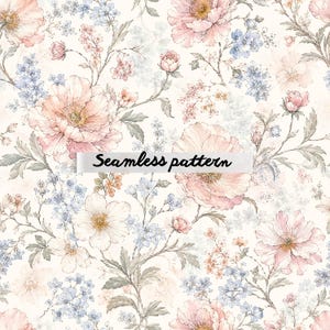 Pode incluir: Um padrão sem costuras com ilustrações em estilo aguarela de peónias cor-de-rosa suave e pequenas flores azuis com folhas verdes sobre um fundo creme. O texto Seamless pattern está impresso a preto no centro do design.