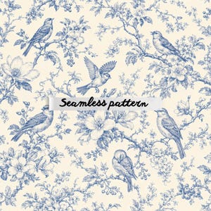 Pode incluir: Um padrão sem costuras com um design repetitivo estilo toile, apresentando ilustrações a tinta azul de pássaros pousados em ramos floridos ou a voar entre eles sobre um fundo creme. O texto Seamless pattern está centrado.