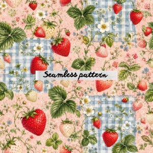 Pode incluir: Um padrão contínuo com morangos vermelhos, flores de morango brancas e folhas verdes sobre um fundo rosa claro com quadrados xadrez azul-claros e brancos. O texto Seamless pattern está centralizado no meio da imagem.