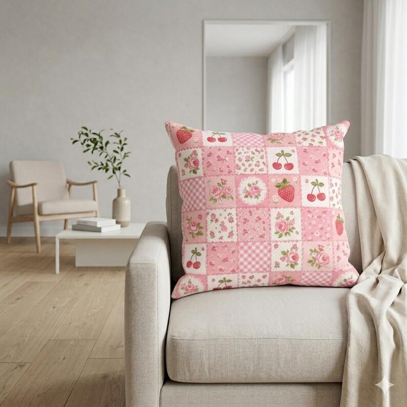 May include: A pink patchwork pillow with a strawberry, cherry, and floral pattern. The square pillow is on a beige sofa. The pillow has a variety of pink and white patterned squares.