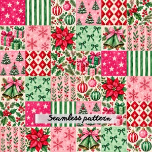 May include: A seamless pattern featuring a grid of Christmas-themed squares with illustrations of poinsettias, pine trees, gift boxes, bells with pink bows, snowflakes, stars, red berries, and green bows on pink, red, white, and green backgrounds.