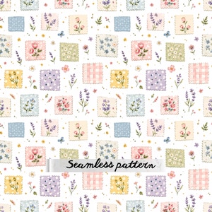 May include: A seamless pattern featuring a repeating grid of square patches with scalloped edges, displaying various floral illustrations, polka dots, and gingham checks in pastel colors, interspersed with sprigs of lavender and small flowers.