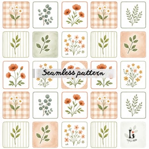 May include: A seamless pattern featuring floral and botanical illustrations. The design includes orange poppies, daisies, and various green foliage, set against checkered, striped, and solid backgrounds. The text "Seamless pattern" is displayed.