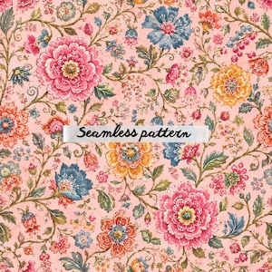 Pode incluir: Um padrão sem costuras apresentando uma densa ilustração botânica num fundo rosa claro. O design inclui grandes flores cor-de-rosa, laranja e azuis com folhas verdes complexas, vinhas sinuosas e pequenas bagas. O texto Seamless pattern é visível.