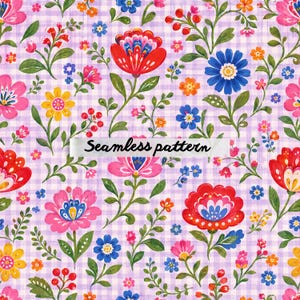 Pode incluir: Um padrão floral contínuo com uma variedade de flores coloridas, incluindo flores vermelhas, rosa, azuis e amarelas, sobre um fundo xadrez lilás claro. O texto "Seamless pattern" está presente.
