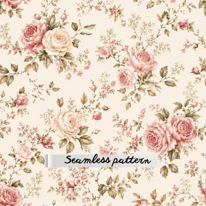 May include: A seamless pattern featuring clusters of pink and cream roses with green leaves and small delicate flowers on a light beige background. The text Seamless pattern is printed in black across the center of the floral design.