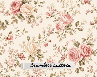 Vintage Blush Rose Seamless Pattern PNG, Romantic Watercolor Floral Fabric, Shabby Chic Cottage Rose Repeat, Elegant Botanical Digital Paper