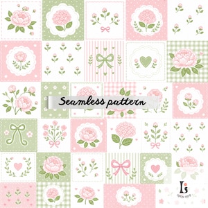 May include: A seamless pattern featuring a patchwork design with pink and green squares. Each square showcases floral illustrations, including peonies, hydrangeas, and sprigs, along with bows and hearts. The text "Seamless pattern" is displayed across the center.