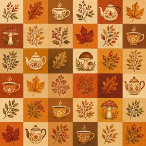 May include: A fabric pattern featuring a grid of squares in shades of orange, brown, and cream. Each square displays illustrations of autumn elements including teapots, steaming cups, mushrooms, oak leaves, maple leaves, and berry branches.