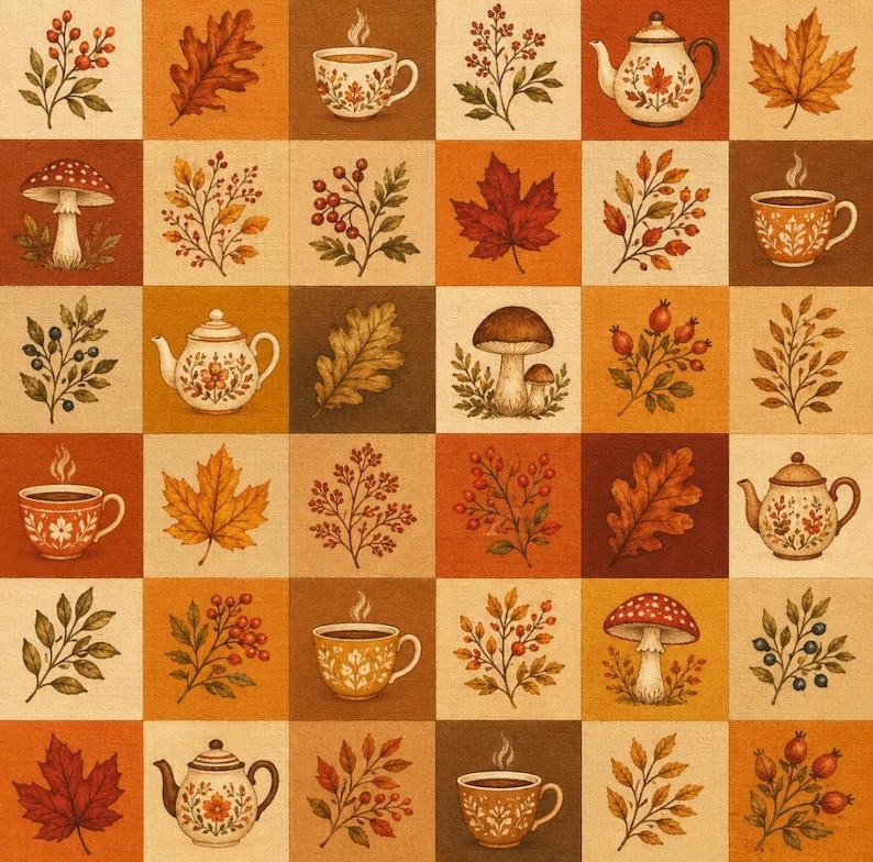 May include: A fabric pattern featuring a grid of squares in shades of orange, brown, and cream. Each square displays illustrations of autumn elements including teapots, steaming cups, mushrooms, oak leaves, maple leaves, and berry branches.