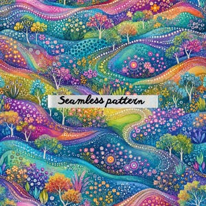May include: A colourful seamless pattern depicting a fantastical landscape with rolling hills, trees, and flowers. The design uses a variety of colours, including blues, greens, pinks, and oranges. The text "Seamless pattern" is displayed across the image.