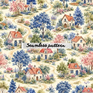 Pode incluir: Um padrão contínuo com uma paisagem repetitiva de pequenas casas com telhados vermelhos, caminhos de terra sinuosos e várias árvores em tons de azul, rosa e verde sobre um fundo creme. O texto Seamless pattern está centralizado.