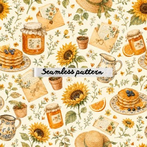 May include: A seamless pattern featuring watercolor illustrations of sunflowers, jars of honey, stacks of pancakes with blueberries, orange slices, straw hats, potted plants, and envelopes with handwritten notes on a cream background.