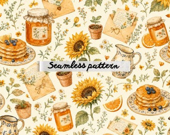 Nahtloses Sonnenblumenmuster im Cottagecore-Stil (JPG), rustikales Aquarellmuster mit Sonnenblumen im Landhausstil, Vintage-Küchentextildesign (Fliese)