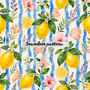Può includere: Motivo senza cuciture ad acquerello con limoni, fiori e conchiglie. Il design include limoni gialli, ibisco rosa, lavanda e fiori bianchi, su uno sfondo color crema con strisce blu. Il testo "Seamless pattern" è visualizzato.