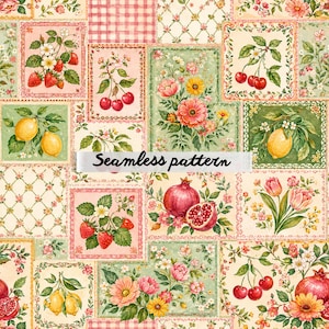 May include: A seamless pattern featuring a patchwork design with watercolor illustrations of fruits and flowers. The design includes strawberries, cherries, lemons, pomegranates, and tulips, with the text "Seamless pattern". The color palette includes pink, green, and cream.