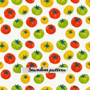 Puede incluir: Un patrón continuo que presenta una ilustración repetida de tomates en colores rojo, amarillo y verde sobre un fondo blanco. Cada tomate incluye un pequeño tallo verde en la parte superior. El texto Seamless pattern está impreso en negro.