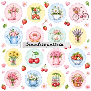Pode incluir: Padrão sem costura em aquarela com várias ilustrações florais e de frutas. Inclui imagens de morangos, cerejas, flores e uma bicicleta rosa. O texto "Seamless pattern" também está presente.
