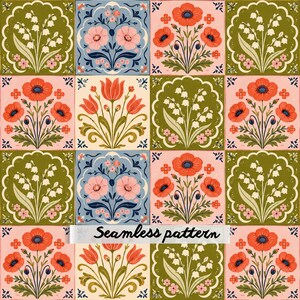 May include: A grid of square tiles featuring a repeating floral pattern with red poppies, white lily of the valley, and pink blossoms on olive green, light blue, and pale pink backgrounds. A white banner with the text Seamless pattern is centered.