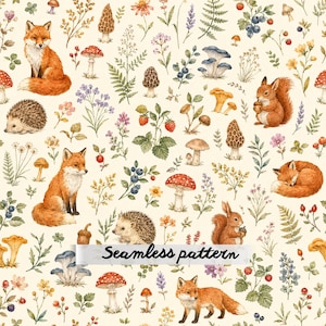 Woodland Forest Animals Seamless Pattern | Watercolor Fox, Hedgehog & Squirrel | Cottagecore Nature Digital Paper JPG