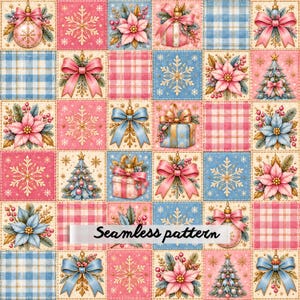 Può includere: Un motivo senza cuciture composto da una griglia di quadrati con motivi natalizi tra cui fiocchi rosa e blu, stelle di Natale, fiocchi di neve, pacchetti regalo e alberi decorati in tonalità rosa, blu e crema con il testo Seamless pattern.