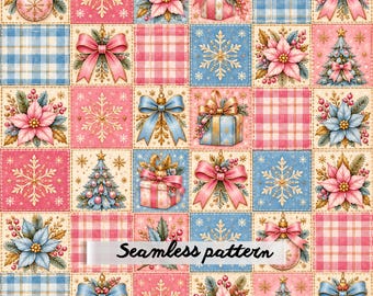 Pink & Blue Christmas Patchwork Seamless Pattern, Poinsettias Bows Snowflakes Ornaments, Holiday Digital Paper JPG