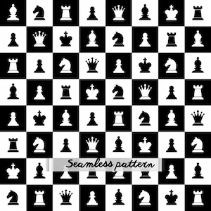 Pode incluir: Um padrão sem costuras com um fundo de tabuleiro de xadrez a preto e branco com silhuetas repetidas de peças de xadrez, incluindo reis, rainhas, bispos, cavalos e torres. O texto Seamless pattern está impresso numa faixa central.