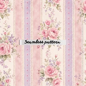 Pode incluir: Padrão floral sem costura com rosas cor-de-rosa e detalhes em lavanda sobre um fundo listrado. O design inclui listras verticais em tons de rosa, lavanda e creme, com detalhes de coração. O texto "Seamless pattern" é exibido.