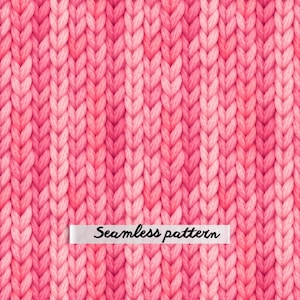 May include: A repeating knit texture featuring vertical columns of yarn in alternating shades of light and dark pink. A white horizontal rectangular label is centered at the bottom with the black text Seamless pattern printed on it.