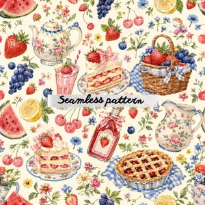 Pode incluir: Um padrão sem costura com ilustrações em aquarela de morangos, mirtilos, cerejas, melancia e limões. O design inclui uma chaleira, bolo, torta, cesta e uma garrafa de xarope, tudo em um fundo creme com detalhes florais. O texto "Seamless pattern" também está incluído.