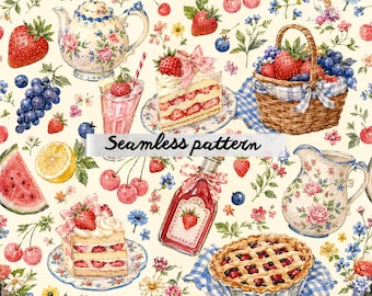 Strawberry Picnic Seamless Pattern – Watercolor Cottagecore Digital Paper, Summer Fruit, Jam Jars, Wicker Basket, Fabric & Scrapbook Print