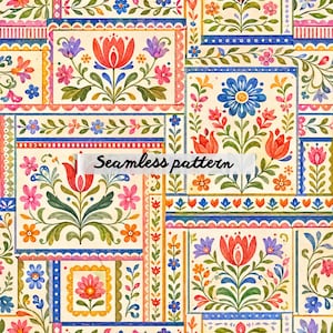 Pode incluir: Um padrão floral sem costura com um design repetitivo de flores estilizadas em vermelho, rosa, azul e roxo sobre um fundo creme. O texto "Seamless pattern" é sobreposto ao design.