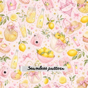 Pink Lemon Coquette Summer Seamless Pattern PNG, Watercolor Lemon Picnic Fabric, Girly Gingham Beach Repeat, Cute Preppy Digital Paper