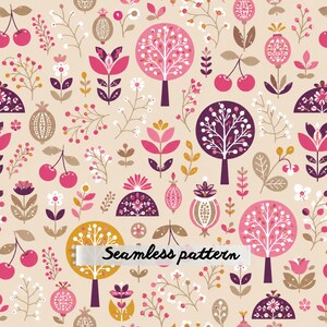 Peut inclure: Un motif répétitif présentant un design botanique sur un fond beige clair. L'illustration comprend des arbres stylisés roses et violets, des cerises et divers éléments floraux. Le texte Seamless pattern est centré au milieu.