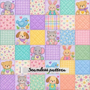 Pode incluir: Um padrão sem costuras apresentando uma grade de quadrados acolchoados com ilustrações de ursos de peluche, elefantes, coelhos, gatinhos, cachorros e pássaros azuis, intercalados com designs de tecido floral, xadrez e corações.