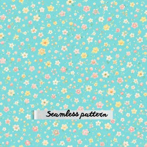 Pode incluir: Um padrão sem costuras com um fundo turquesa claro coberto por pequenas flores espalhadas em tons de rosa, amarelo e branco com minúsculas folhas verdes. Uma faixa horizontal branca na parte inferior exibe o texto Seamless pattern.