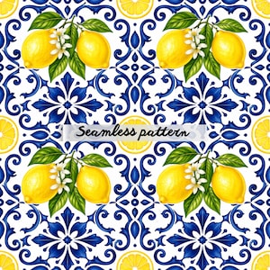 Pode incluir: Padrão sem costura com limões amarelos com folhas verdes e flores brancas. Os limões são colocados sobre um fundo de azulejos decorativos azuis e brancos. O texto "Seamless pattern" é exibido.