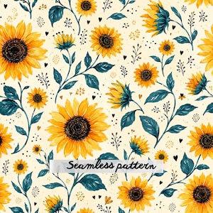 May include: A seamless pattern featuring yellow sunflowers with dark brown centers and deep teal green leaves and stems on a cream background. The design includes small black hearts and delicate sprigs. The text Seamless pattern is visible.
