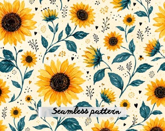 Sunflower Seamless Pattern Digital Paper Watercolor Floral Cottagecore Fabric Print JPG