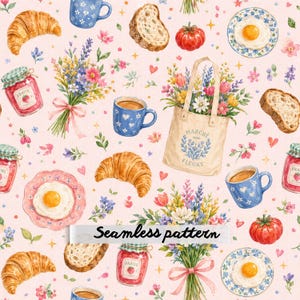 Puede incluir: Un patrón continuo sobre un fondo rosa claro con ilustraciones de cruasanes, tazas azules, rebanadas de pan, tomates rojos, huevos fritos en platos, tarros de mermelada de fresa y ramos de flores con una bolsa con la etiqueta Marche aux Fleurs.