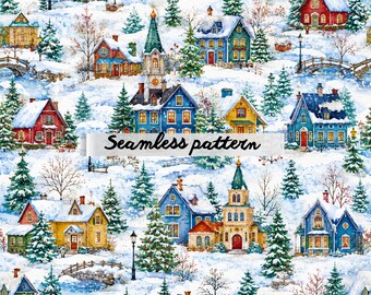 Verspieltes, nahtloses Weihnachtsdorf-Muster, pastellfarbene Wintertapete im Cottagecore-Stil, weihnachtlicher Aquarell-Stoffdruck