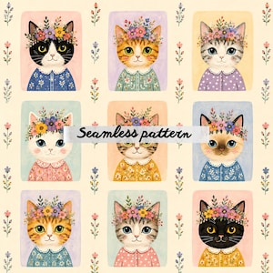 May include: A seamless pattern featuring watercolor illustrations of cats wearing floral crowns and collared dresses. The cats have various fur patterns and colors, set against pastel backgrounds. The text "Seamless pattern" is overlaid.