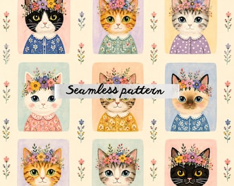 Whimsical Floral Cat Seamless Pattern, Cute Folk Art Kitten Portrait Print, Pastel Nursery Fabric Design JPG