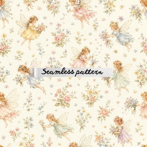 Pode incluir: Um padrão contínuo com ilustrações de fadas aladas em vestidos de tons pastel segurando buquês de flores, intercaladas com vários arranjos florais sobre um fundo creme. O texto "Seamless pattern" está centralizado.