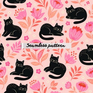 May include: Seamless pattern featuring black cats, pink flowers, and foliage on a light pink background. The cats are in various poses, and the flowers have red and pink accents. The text "Seamless pattern" is displayed.