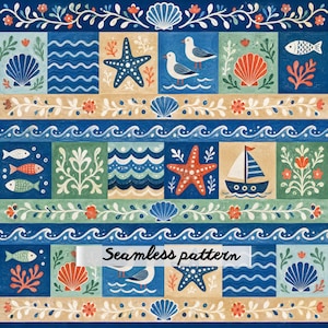 May include: A seamless pattern featuring a grid of nautical illustrations including starfish, seagulls, sailboats, fish, and seashells in shades of blue, orange, and green. The design includes horizontal borders with floral vines and shells.